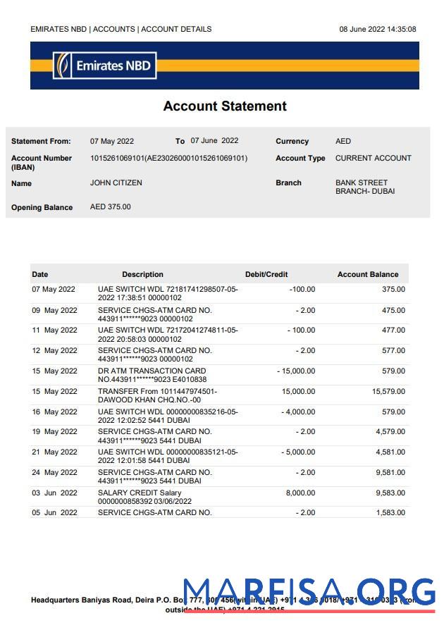 Printable UAE Dubai NBD bank statement word version 2 real example